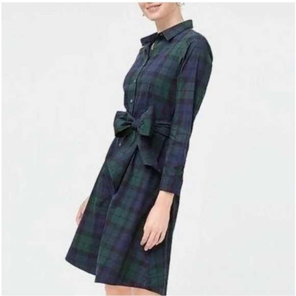J. Crew Factory Dresses & Skirts - J. Crew Blackwatch Navy Black Green Long Sleeve Tie Shirt Dress Tartan Sz 8
